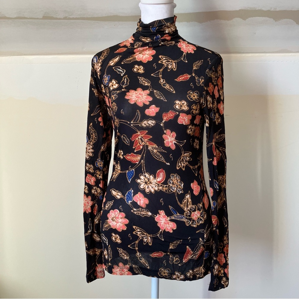 Ulla Johnson Sheer Black Floral Aurelia Turtleneck Odessa Bodycon Blouse size XS - Picture 2 of 7